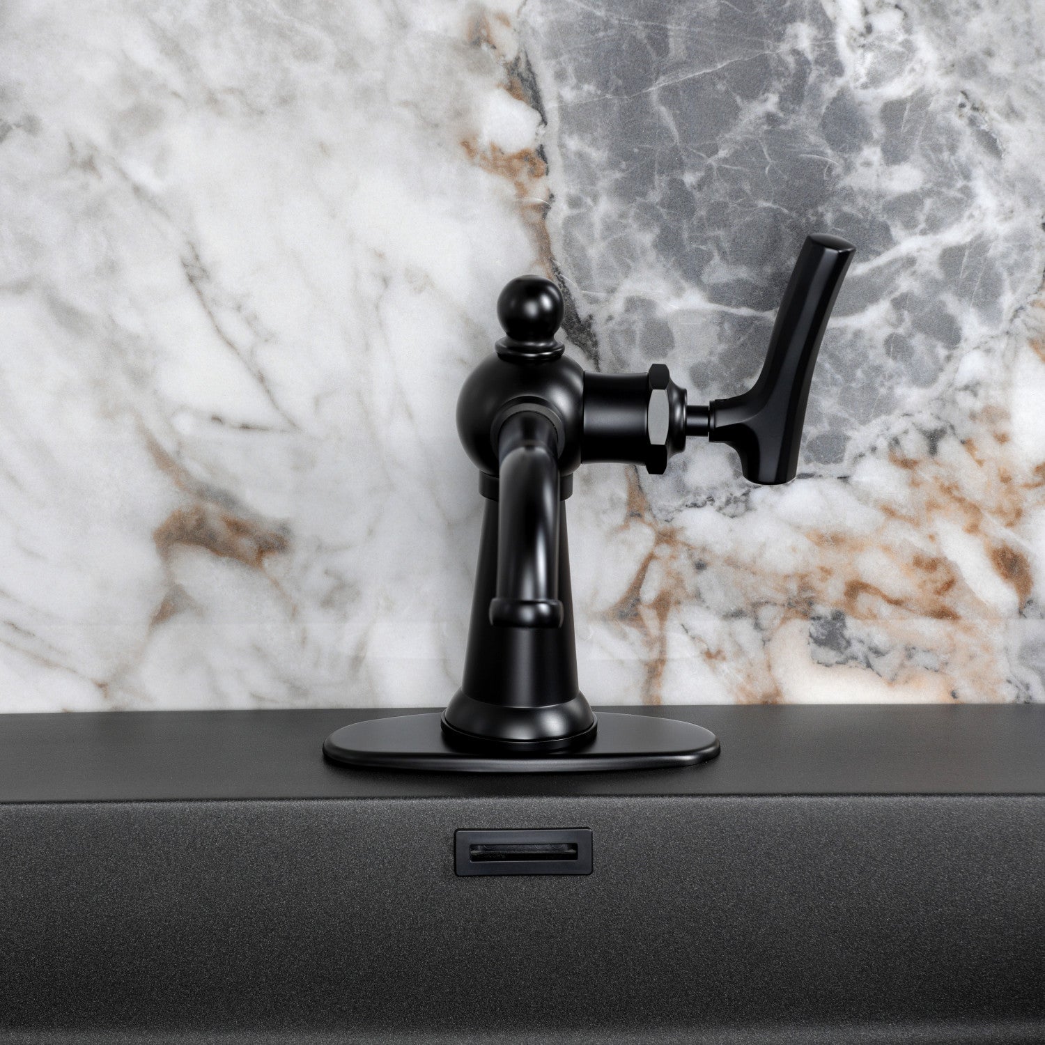 Kingston Tulare KSD3540TKL - Hallerbos One-Handle 1-Hole Bathroom Faucet with Deck Plate and Push Pop-Up Drain, Matte Black — thumbnail 3
